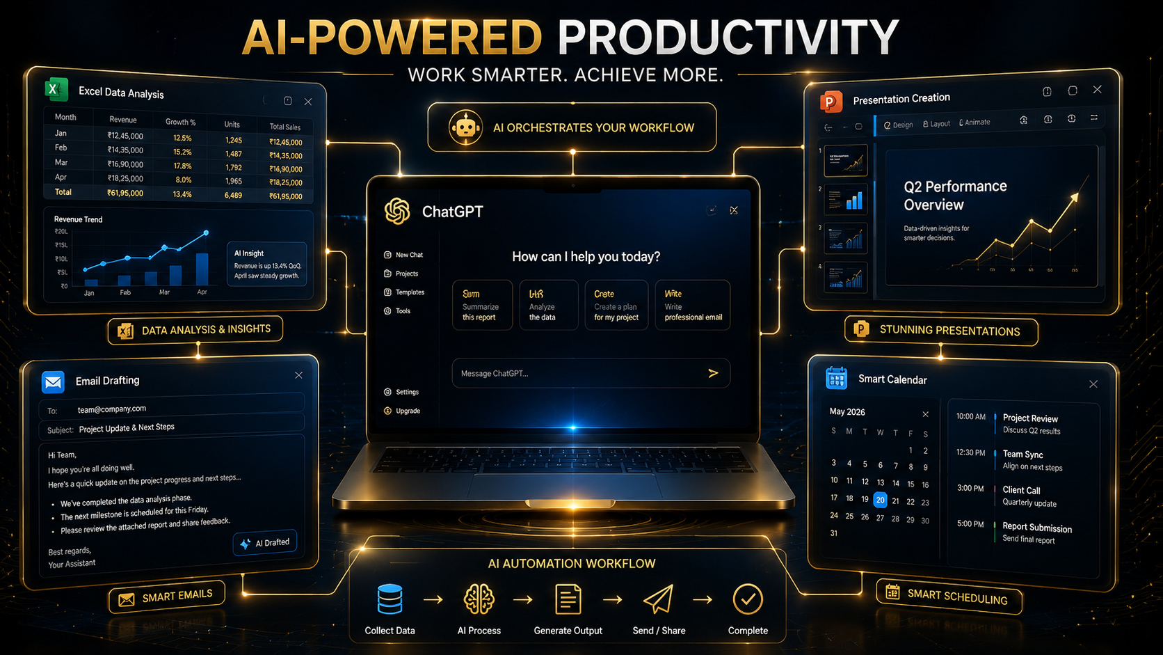 Collage of real AI workflows covered in this bundle — presentations, reports, emails, research and automation