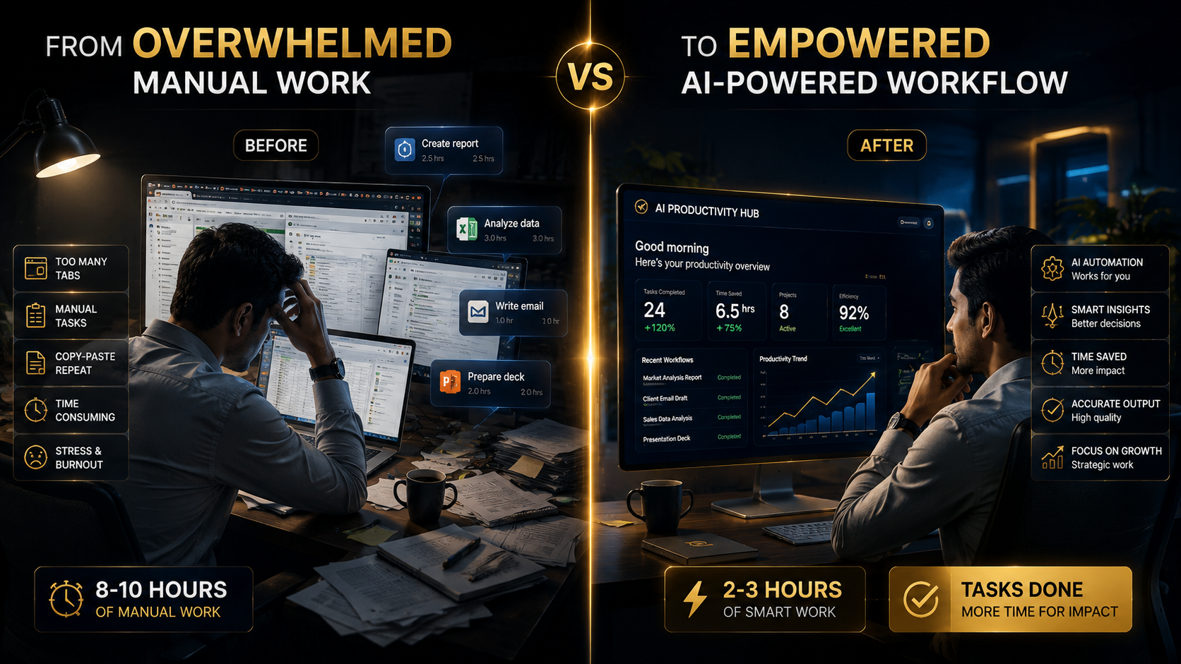 Comparison of a working professional's day before and after using AI tools taught in this course