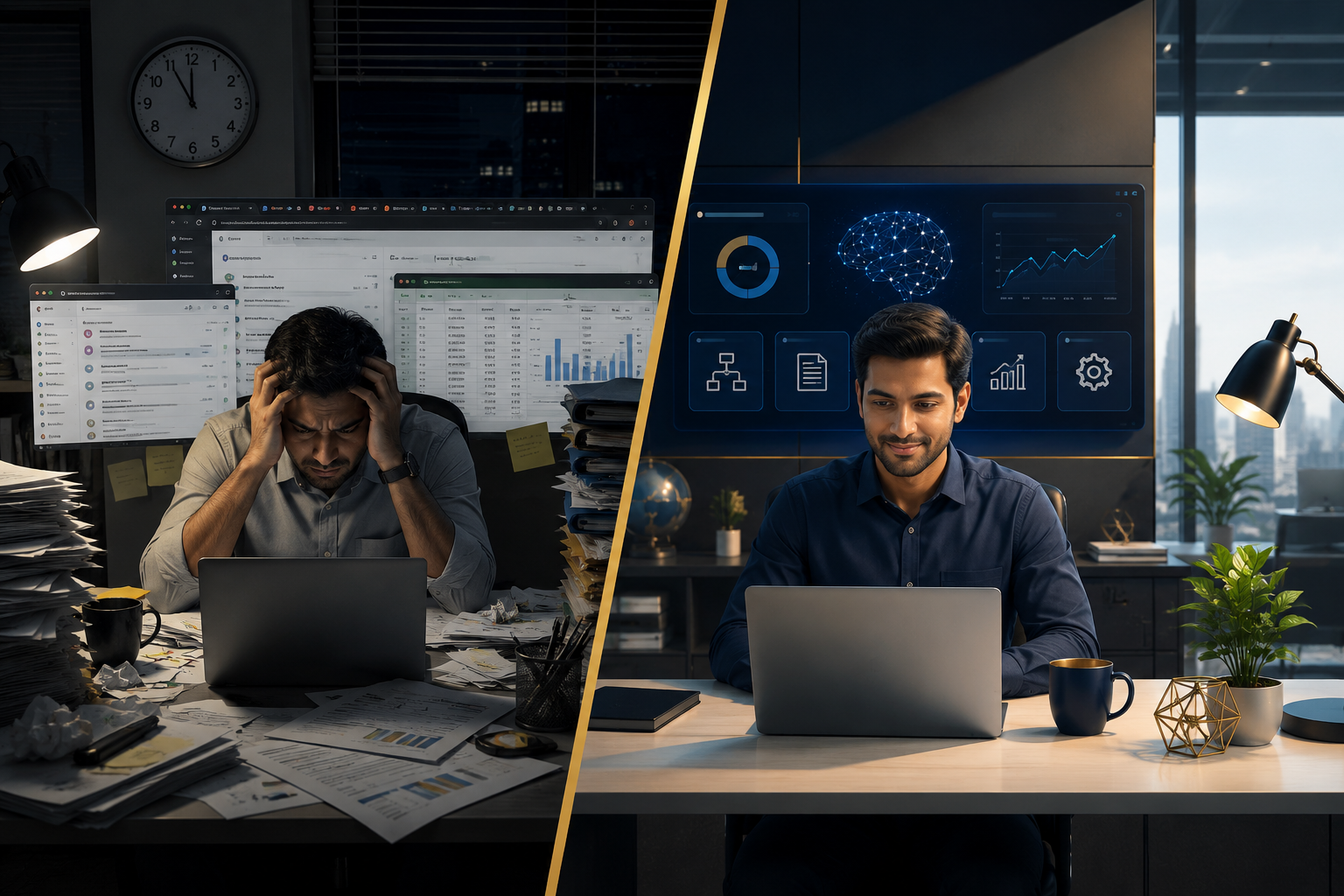 Comparison of a working professional's day before and after using AI tools