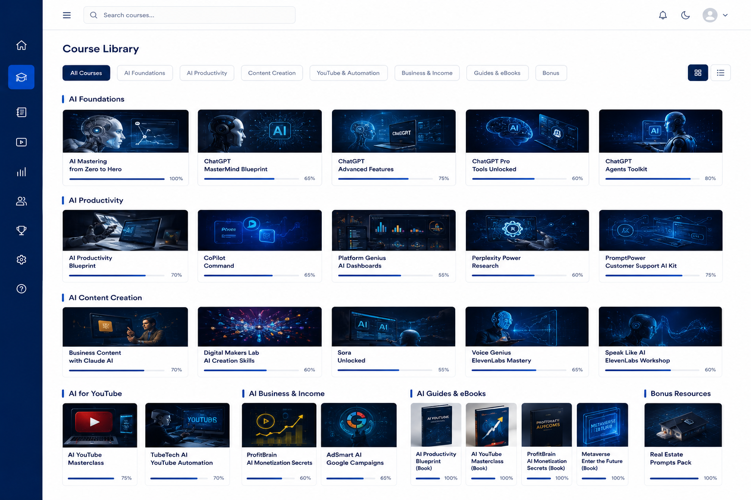 Full course library view in the AI Course Bundle platform