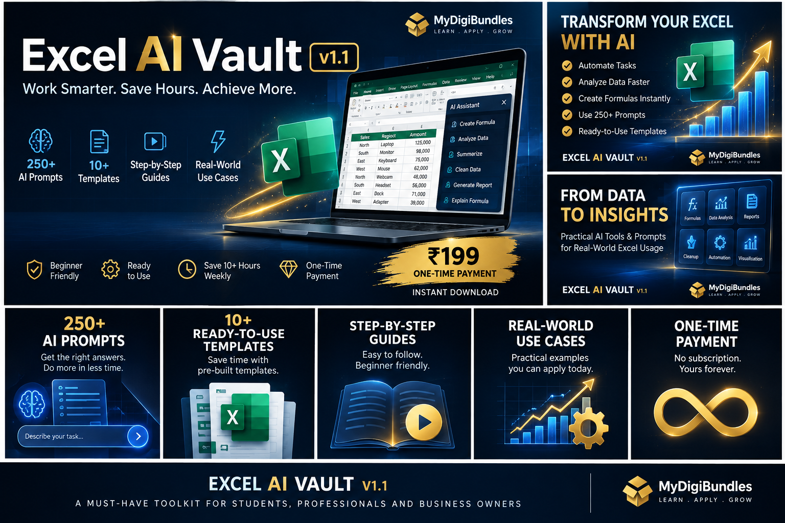 Excel AI Vault v1.1 - 250 AI Prompts, 15 Categories, Works Offline